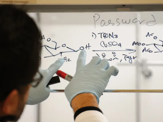 Researching pointing at a chemical compound written on a whiteboard.